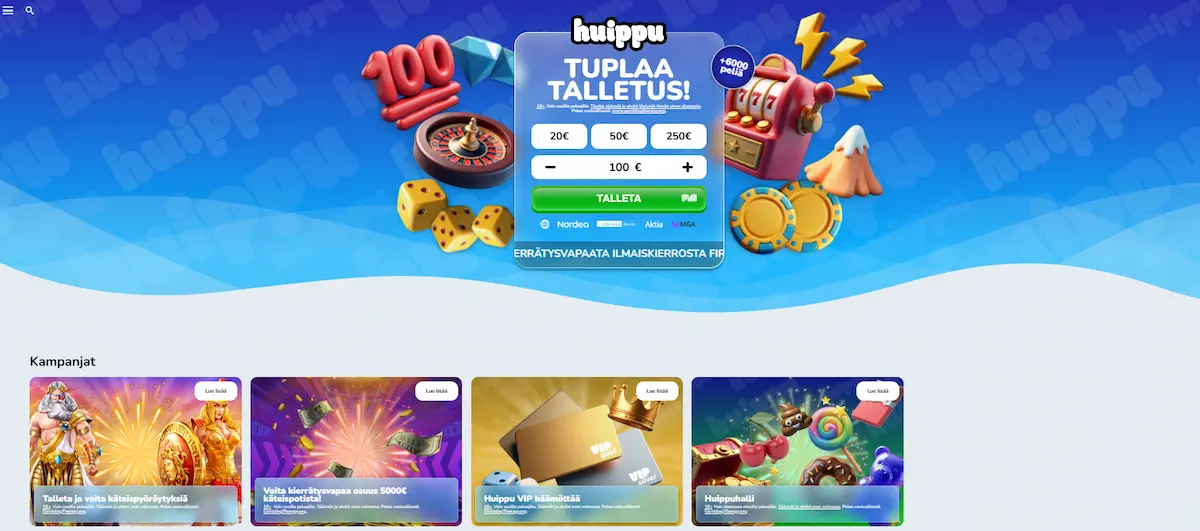 Huippu Casinon peliaula, jossa näkyy suositut kolikkopelit, mahdollisuus talletukseen ja tietoa bonuksesta