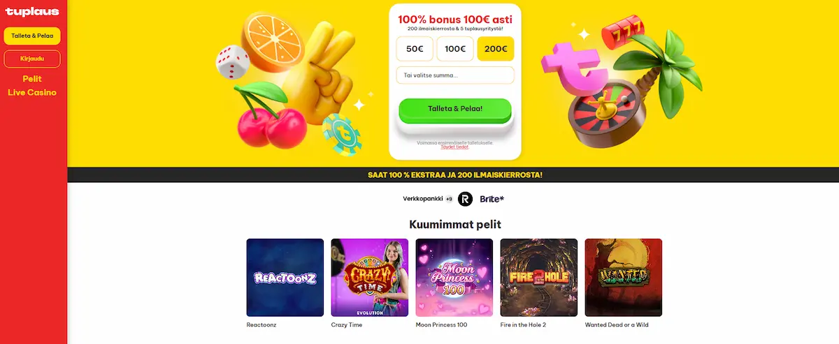 Tuplaus Casinon peliaula, jossa vasemmalla näkyy valikko sekä lisäksi tietoa tervetulobonuksesta, talletuksesta ja parhaat kasinopelit