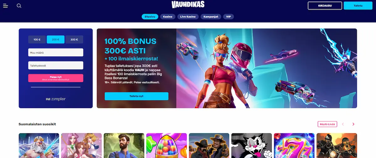 Vauhdikas kasinon peliaula, jossa tietoa talletuksesta, tervetulobonuksesta ja parhaat kasinopelit